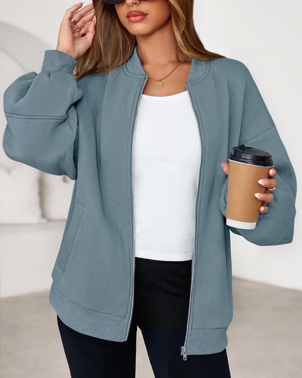Oversized Sweatshirt med Dragkedja, Bomberjacka för Kvinnor, Ytterkläder för Vintervardagsoutfits Grey Blue Medium
