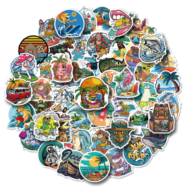 Summer Beach Surfing Outdoors Stickers, Set of 50, Waterproof and UV Resistant, Great for All Your Gadgets