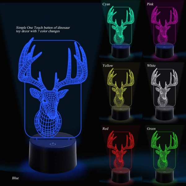 Elk Deer 3D Optical Illusion Night Lights, 7 färgvariationer, Smart Touch-knapp USB och power, fantastisk kreativ konstdesign för barn