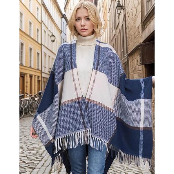 Damkoftor med öppen front, sjal, poncho, kappa, varm, stor, rutig, casual, höst, vinter, marinblå