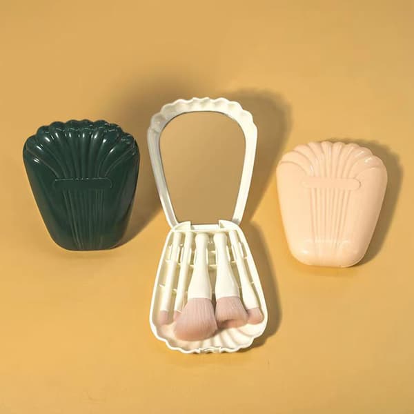 Shell Portable Travel Makeup Brush Set 5 Sizes Brush Mini Complete Function Cosmetic Brushes with Mirror Set White