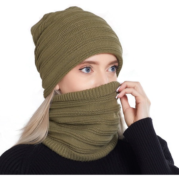 Dame Vinter Beanie Hat Halstørklæde Sæt Kabel Strik Hat Varm Fleece Foret Vinter Hue Med Halsvarmer Khaki