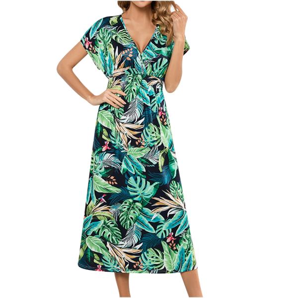 2023 Summer Dress Women Summer Fashion Bat-wing Sleeve V-neck Open Back Llace Print Beach Dress SunDress Linen Dress,Green,M