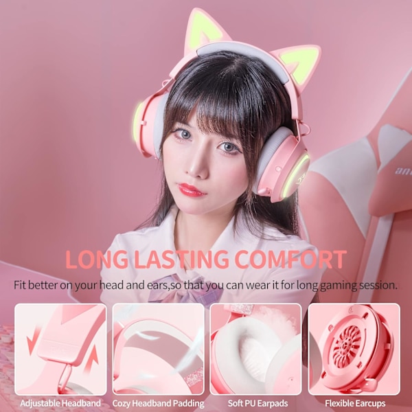 GS510 Kattöron Headset Trådlöst Gaming Headset för PS5/ PS4/ PC, Rosa Headset 2.4G med Retractable Mic, 7.1 Stereo Ljud, 8 Timmars Spela