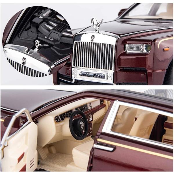 1/24 Rolls-Royce Phantom Modelbil, Zink Legetøjsbil med Trækfunktion, Lyd og Lys til Børn (Rød)