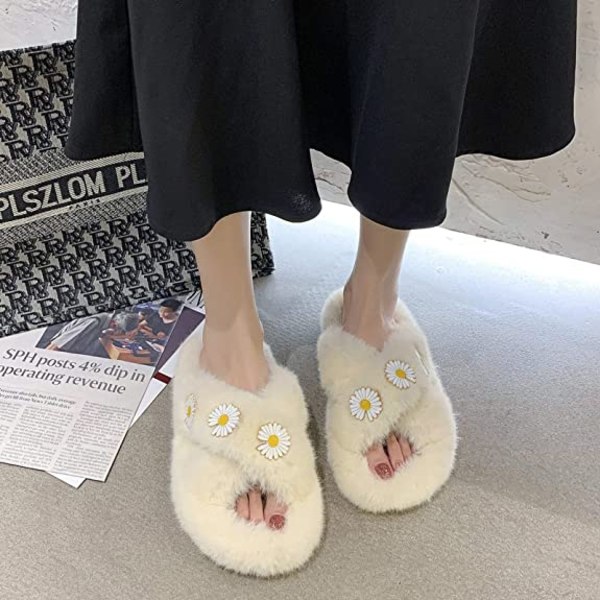 Søte, fuzzy tøfler i plysj med åpen tå for kvinner - Fleece-slippers med sklisikker såle for innendørs og utendørs bruk (kryssbånd beige)