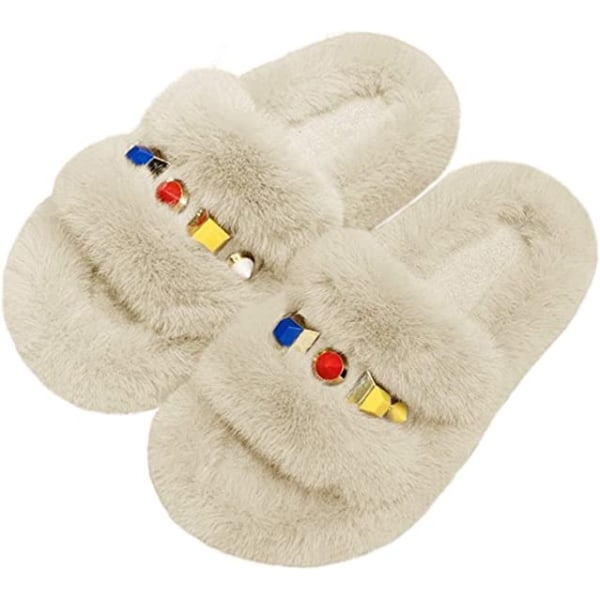 Kvinners søte, fuzzy plysj pels tøfler åpen tå fleece slip på tøfler sklisikre hussko sklier innendørs utendørs（ Décor Beige）