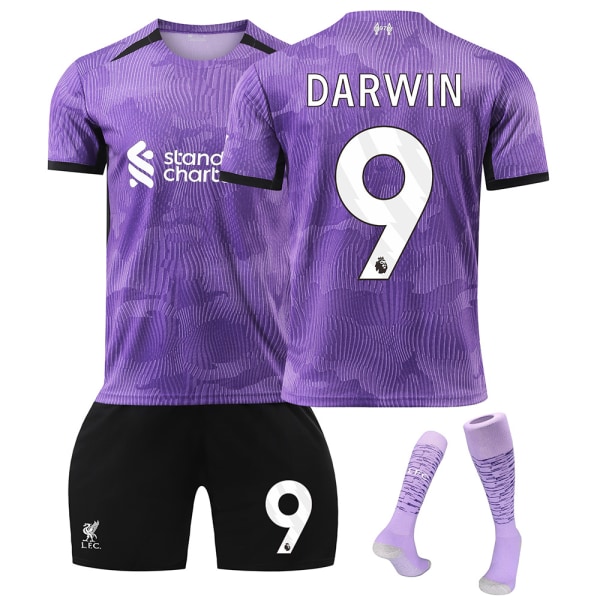 2023-2024 Liverpool 2:a borta set för barn med strumpor-nr 9 DARWIN#26 No.9 DARWIN #26