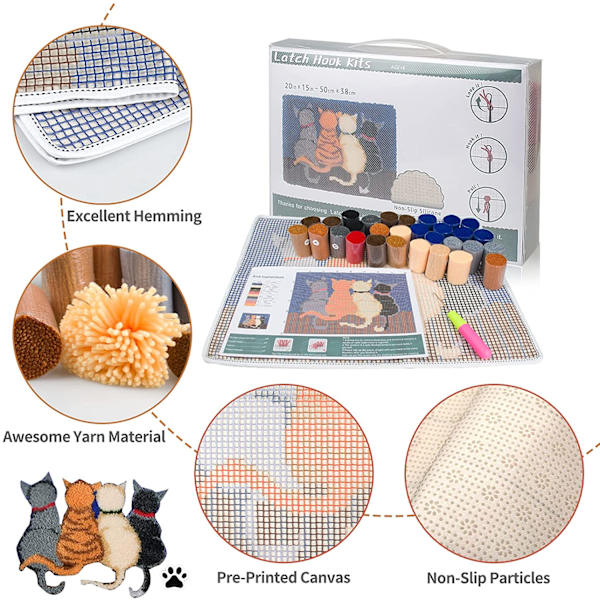 Ly Latch Hook Rug Kits DIY Hæklet Tæppe Katte Mønstre Fortrykt Lærred Garn Tæppe Broderi Håndværk Kunst til Voksne Børn Begyndere