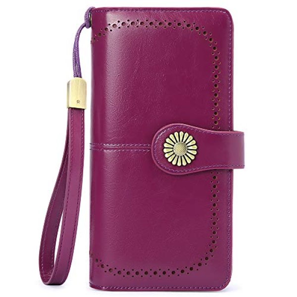 Wallets for Women Leather Credit Card Holder with RFID Blocking Large Capacity Wristlet, 1-Wax-Purple-1