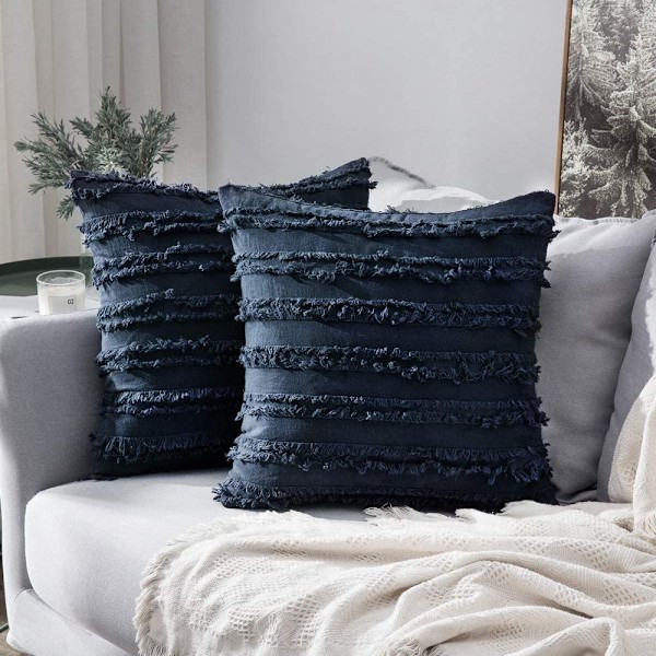 Set med 2 dekorativa Boho kuddfodral linne randigt jacquardmönster kuddfodral för soffa Soffa Vardagsrum Sovrum 18x18 tum Marinblå
