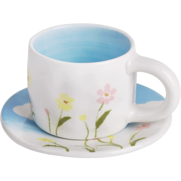 Keramisk kaffekop med underkopssæt, kreativt blomsterkrus unikt design til kontor og hjem, 8,5oz/250ml til latte te mælk (forår)
