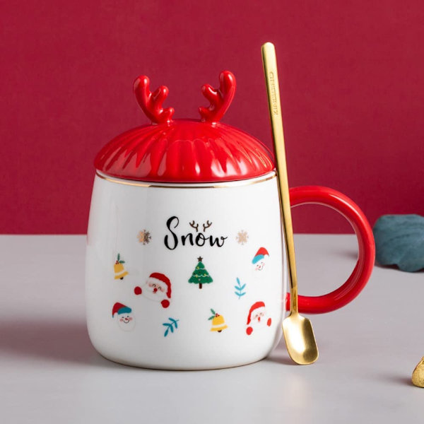 Söt mugg Jul Kaffeemugg, Högkvalitativt keramiskt material, Hög temperaturbeständig, 15oz med 3D-lock och sked, Julgåva, Snöflinga