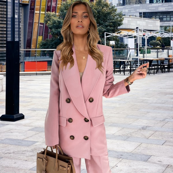 Kostym Höst/Vinter 2021 Stor Slag Dubbelknäppt Kavaj Casual Raka Byxor Set (Rosa)