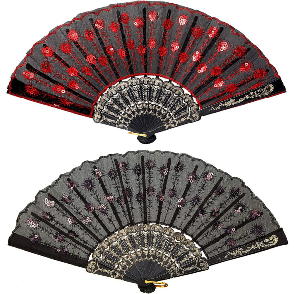 2 Pieces of Sequin Fabric Folding Fans Embroidered Flower Lace Trim Peacock Fan Fabric Plastic Folding Handheld Fan for Women Hand Craft (Red, Black)