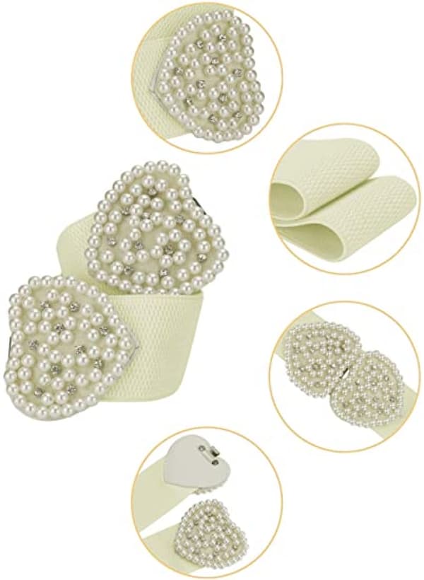 Hjerteformet design imiteret perle rhinestone dekor bælter til kvinder elastisk, bomuld, hvid