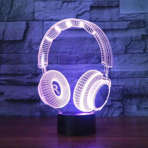 WJ 3D DJ Headset Hodetelefon Nattlys LED Lampe Illusjon 7 Farger Skiftende Berøring Bryter Bord Dekorasjon Lamper Bursdagsgave USB-kabel Leke