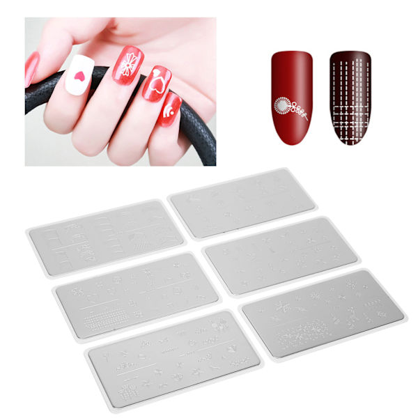 6 kpl Kynsilakkalevysetti Ruostumaton Teräs DIY Manikyyri Suorakulmainen Malli Stencil
