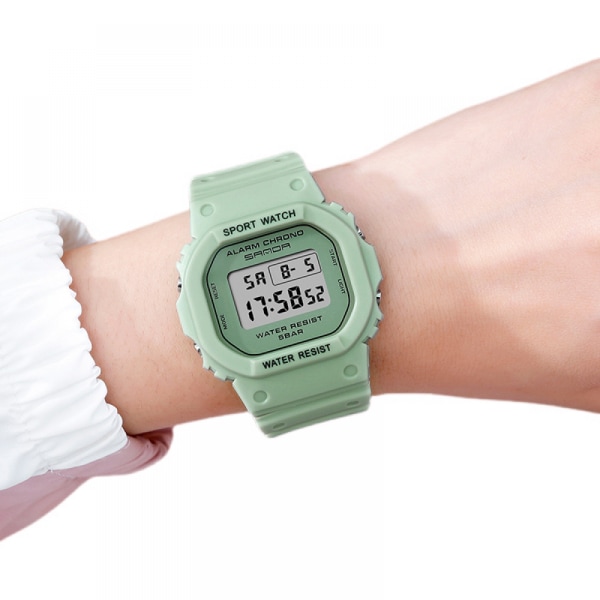 Fyrkantig multifunktionell elektronisk watch, watch 30M vattentät med lysande grönt hartsband