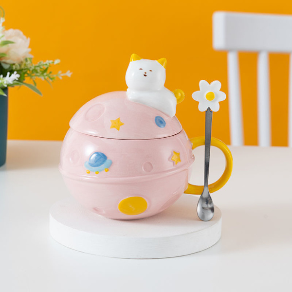 Prinsessmugg med lock 3D-mugg Keramisk kaffekopp Kid Tecknad Mjölkmugg Tekopp Presentkontor Hem (kattutrymme, rosa, 450 ml)