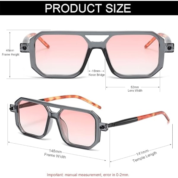 Vintage Neliömäiset 70-luvun Aviator-aurinkolasit Naisille Miehille Retro Klassiset Litteät Aviator-kehykset Aurinkolasit UV-suoja Transparent Grey/Gradient Pink