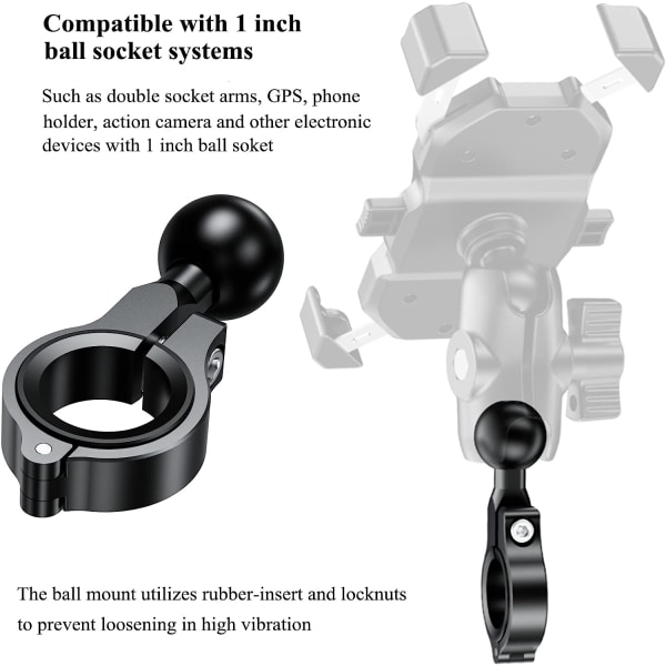Alumiiniseos 1 tuuman pallokiinnitys, sopii ohjaustankoihin halkaisijaltaan 0,5'' - 1,26'', ohjaustangon pallokiinnitys yhteensopiva RAM Mounts 1 tuuman palloliitoksen kanssa