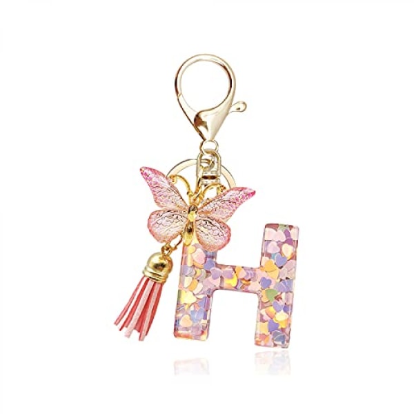 Mode Alfabetet Initial bokstav Nyckelring Tofs Butterfly Pendant Nyckelring till handväska Handväskor Kvinnor Tjej--H