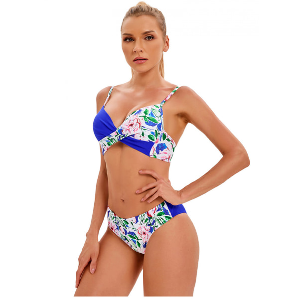 Bikini til kvinder med blomsterprint, snørebånd og V-hals, todelt badedragt, blå-2, XL