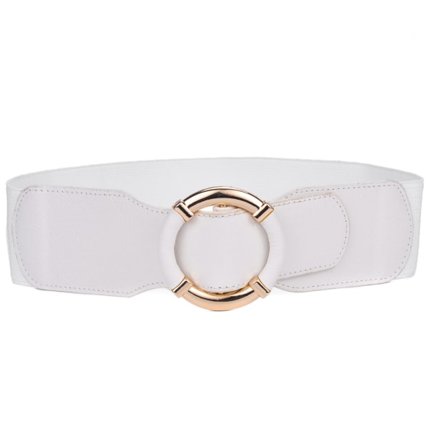 Kvinnors elastiska midjeband retro nålfri guld cirkulärt spänne elastiskt elastiskt midjeskydd klänning brett midjeband - Vit