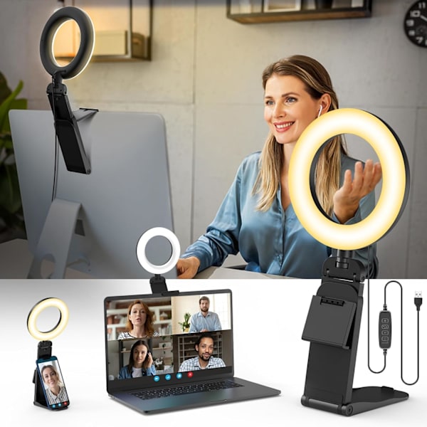 Ring Light til Laptop Skrivebord med Klemme, Lille Computer Video Konference Belysning med Stativ til Telefon/Webcam/Skærm, 5\" Bærbar Mini LED