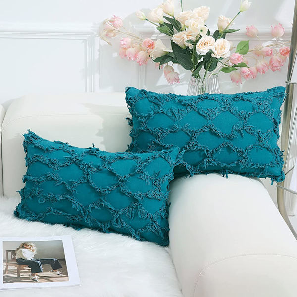 Teal-väriset koristetyynynpäälliset 12 x 20 tuumaa, 2 kpl pakkaus, Boho-tyynynpäälliset sohvalle ja sohvalle, 100% puuvillaa