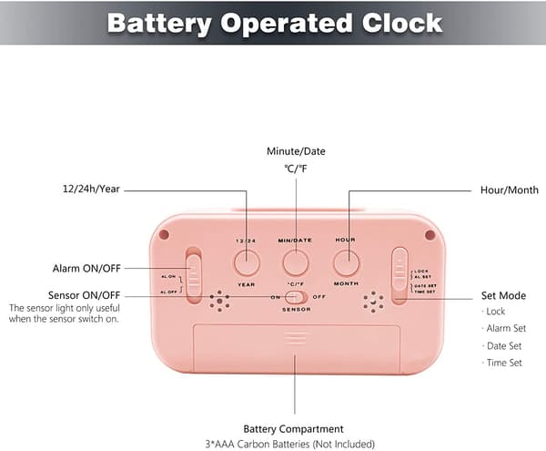 JUSTUP Batteridriven sladdlös digital väckarklocka för sovrum kontor tunga sovare barn (rosa)
