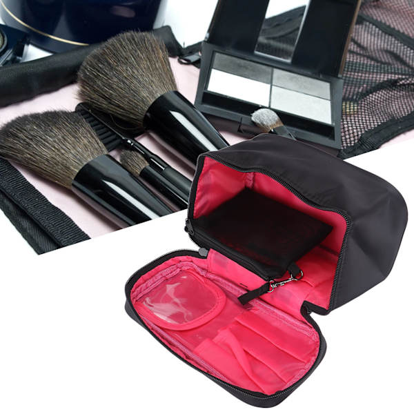 Makeup taske multifunktionel pink indeni sort udenpå stor kapacitet bærbar mode bærbar nylon makeup vask opbevaringspose
