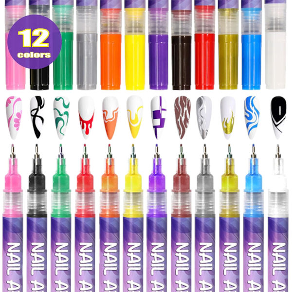 12 Färger Nagelkonst Pennor Set 3D Nagellack Pennor Graffiti Prick Pennor Akrylfärg Pennor Punkt Liner Penna Manikyr Nagel DIY Dekoration