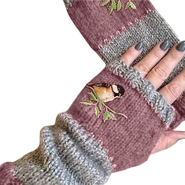 Varm stickade vantar för kvinnor, höst vinter, fågelbroderade stickade fingervantar, färgblock, stretchiga, 01