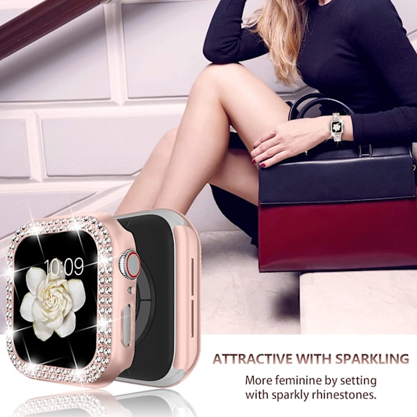 Kompatibelt Apple Watch Band med Case Series iwatch6/5/4/3/2/1, Bling Full Diamond Rhinestone Women Girl, Rosepink (44mm)