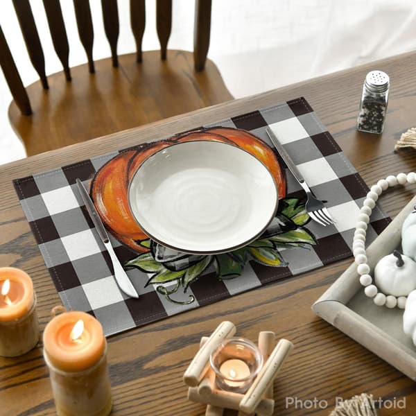 Buffalo Plaid Græskar Efterårs Dugunderlagssæt af 4, 12x18 Tommer Sæsonbestemte Efterårs Dugunderlag til Fest Køkken Spisestue Dekoration Black/Orange 12" x 18", Rectangular 4 Pcs