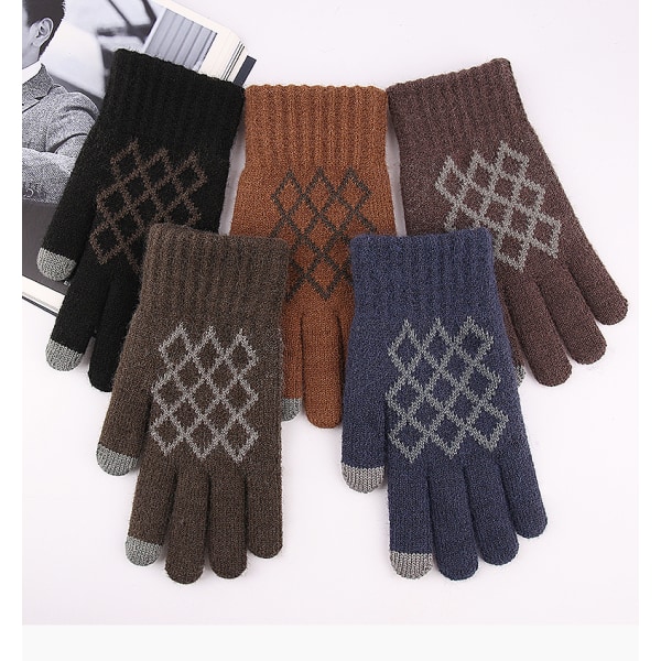 Handskar för män vinter pekskärm plus sammet förtjockad varm stickad femfinger ull kalltålig cykling och körning