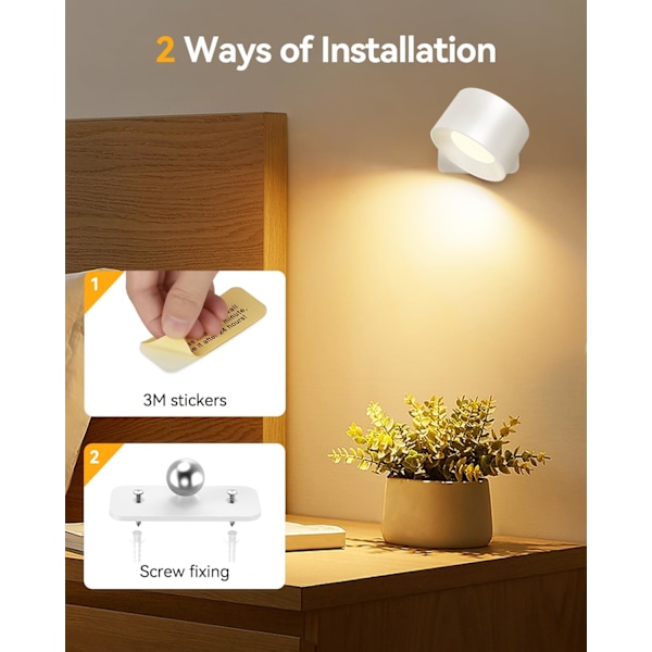 Væglampe, Touch Control Væglampe, 3 Lysstyrkeniveauer & 3 Farver Vægmonteret 360° Rotation LED Væglampe, Indendørs Billedlampe Læselampe white