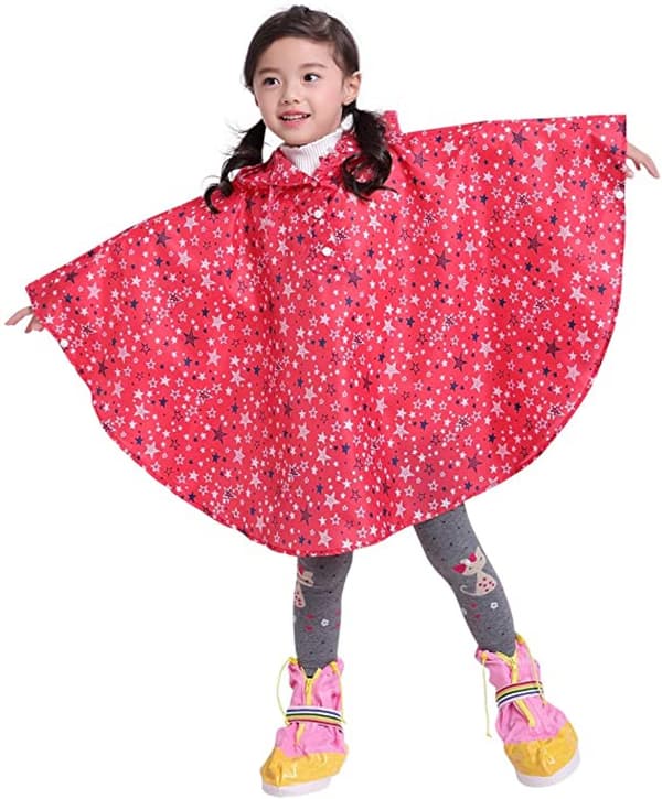 Barne regnponcho med hette, rosa stjerne, XL