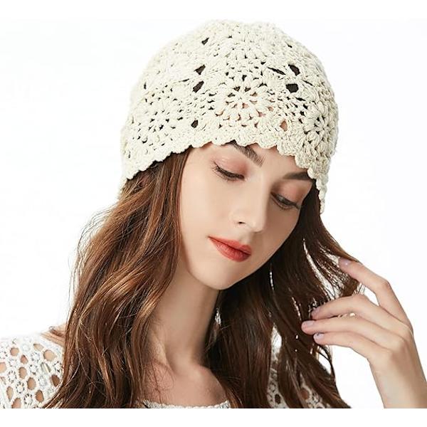 Kvinnors Bomullsvirkad Slouchy Beanie Hatt Handgjord Stickad Utskuren Sommarblommig Skallehatt, Vit