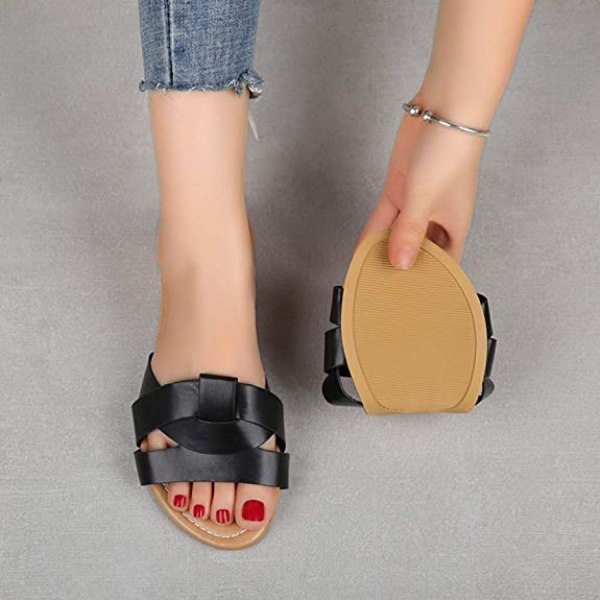 Kvinners sommer flate slides sandaler casual stropp kryss slip på sliders strand flate sandaler -------  Svart  （Størrelse 36）
