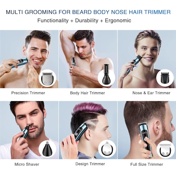 Skäggtrimmer, herr grooming kit med hårklippare, elektrisk rakapparat, rakapparater för mustasch, kropp, ansikte, öra, näshårstrimmer, USB R
