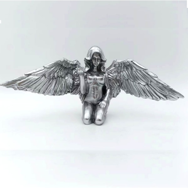 Art Angel Female Woman Wings Kneeling Cloak Hat 3D Angel Art Statue Decor Silver Finish Kneeling Naked Winged Female Statue