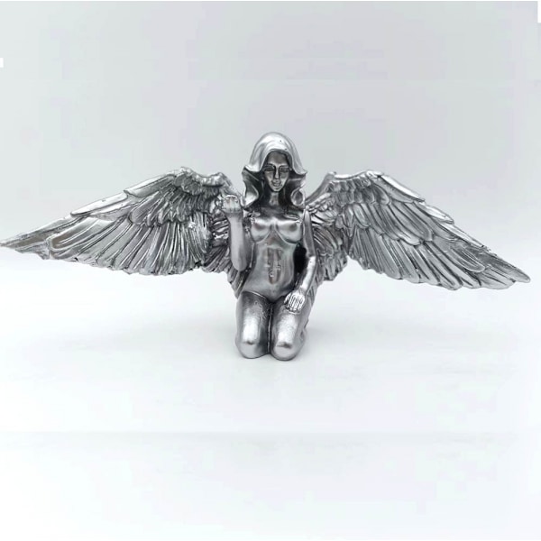Art Angel Kvinde Kvinde Vinger Knælende Kappe Hat 3D Engel Kunst Statue Dekor Sølv Finish Knælende Nøgen Vinget Kvindelig Statue