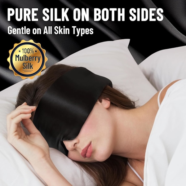 100% Silke Søvnmaske, Stor Øyemaske for Soving, Komfortable og Trykkfrie Sovemasker for Kvinner og Menn, Fullstendig black