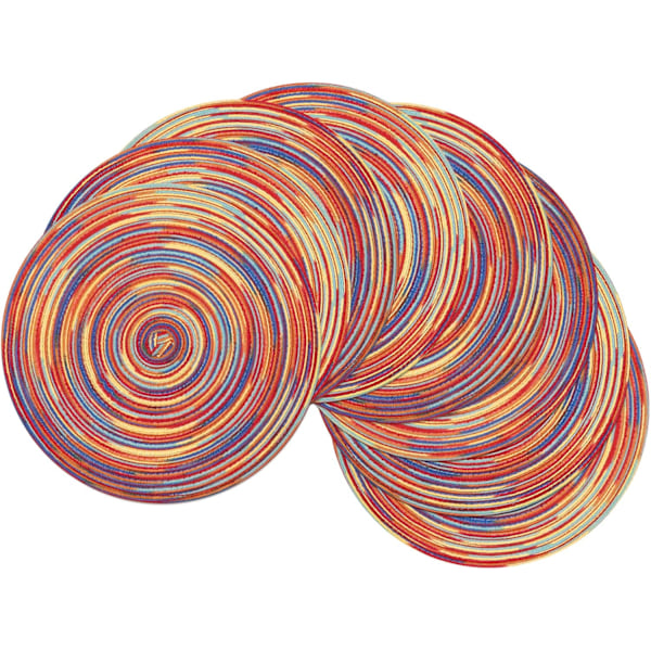 Runde flettede plassmatter, sett med 8, vaskbare, 15 tommer runde bordmatter, fargerike, vevde plassmatter for spisebord (Regnbue Rainbow Red 8