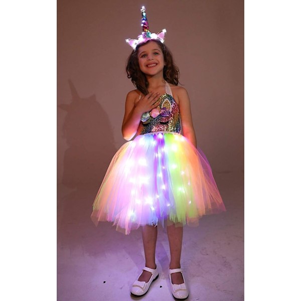 Flickrande Enhörningsdräkt för Flickor, LED-Ljus Enhörningsklänning, Prinsessklänning för Halloweenfest, Födelsedagsfest White Led-1