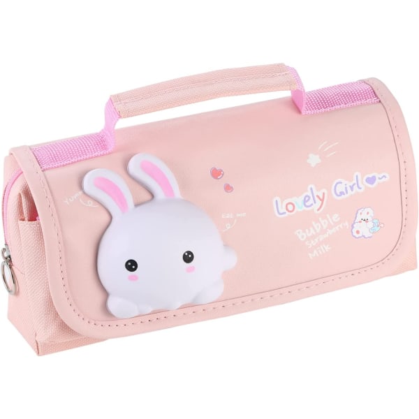 Cute Pencil Case Large Pencil Pouch with Handle Kawaii Pencil Case Girls with Stress Relief Doll Portable Big Pens Organizer Bag for School Pink