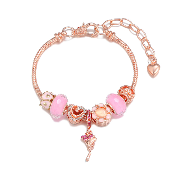 Rosa kärleksblomma hänge armband med kristallpärlor, roséguld DIY armband dam, 19cm+4cm, present till familj eller vänner